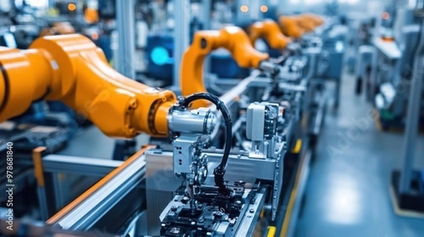 Fototapeta Close-up of industrial production processes, workers and robots working together, modern technology and precision