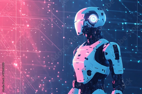 Fototapeta A futuristic humanoid robot stands against a vibrant digital backdrop.