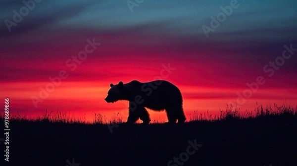 Fototapeta Silhouette of bear at dusk with colorful sky