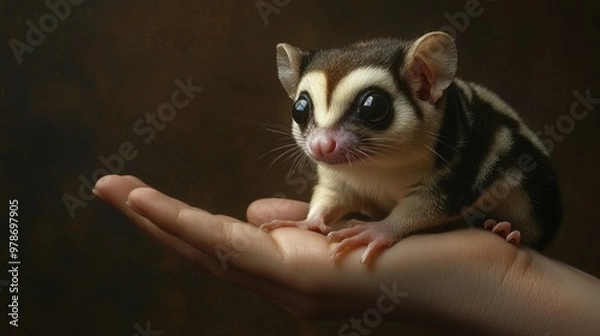 Fototapeta A sugar glider perched on a hand, with a gentle and curious look.