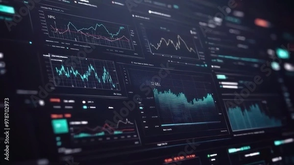 Fototapeta Digital dashboard displaying financial data and analytics with various graphs and charts.