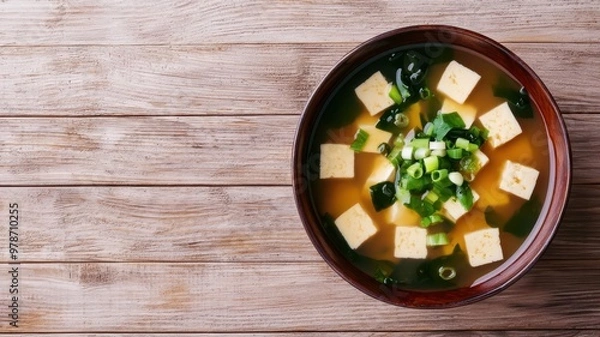 Fototapeta Tofu miso soup with seaweed and green onions, minimalistic Japanese presentation, warm and inviting tones