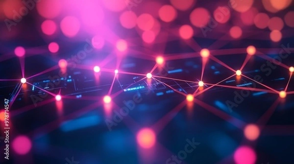 Fototapeta Futuristic abstract tech network  radiant nodes and lines for banners, posters, and social media