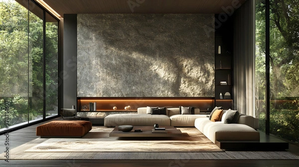 Obraz Modern Living Room Interior Design with Large Windows and a Stone Wall 3d Illustration