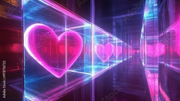 Fototapeta Bright neon cubes encasing glowing hearts, casting vivid hues of love in a surreal space.