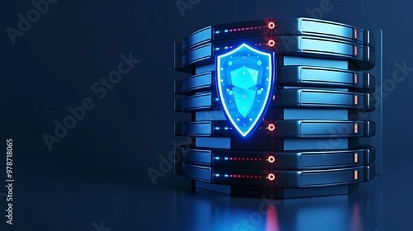 Obraz Digital server stack with glowing security shield, representing data protection and cybersecurity technology in a modern environment.