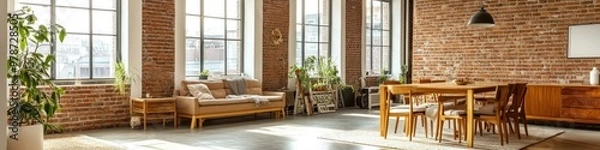 Fototapeta Contemporary living room featuring a wooden dining set, exposed brick, and plenty of natural light. Banner.