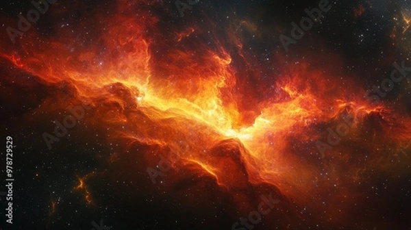 Fototapeta Swirling red-orange nebula with hints of yellow, glowing brightly against the backdrop of deep space and distant stars