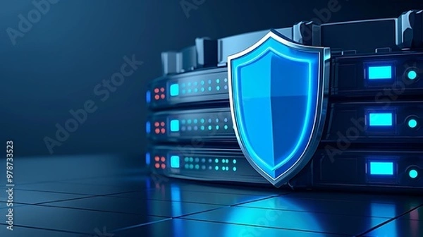Fototapeta Futuristic server rack with security shield, symbolizing advanced data protection and cybersecurity technology.