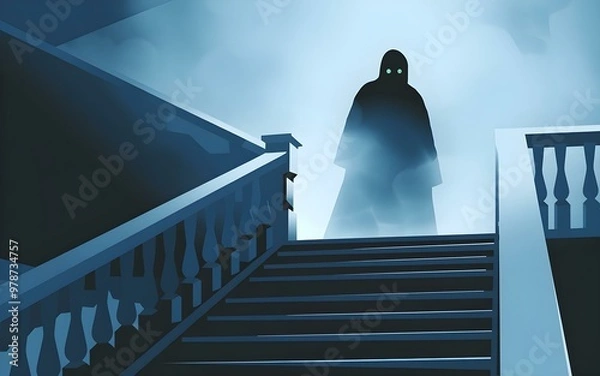 Fototapeta Mysterious hooded figure standing on staircase shrouded in fog with deep blue background creating an eerie and dark atmosphere