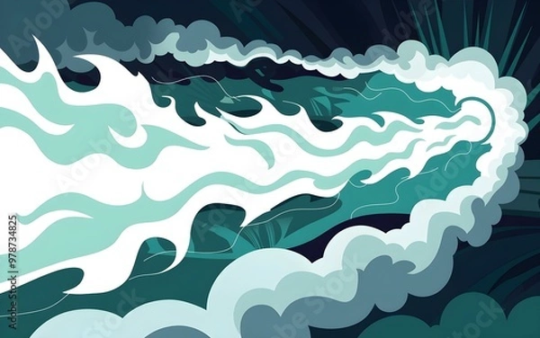 Obraz Large curved wave in the ocean with vibrant blue and white colors against a dark blue background with rays of light shining down and cartoon-like style