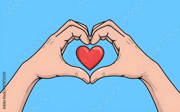 Obraz Illustration of two hands forming a red heart with fingers on a light blue background in a cartoon style