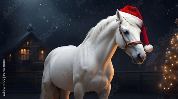 Fototapeta An image of a white horse in the night of Christmas wearing a Santa Claus cap. Artificial Intelligence