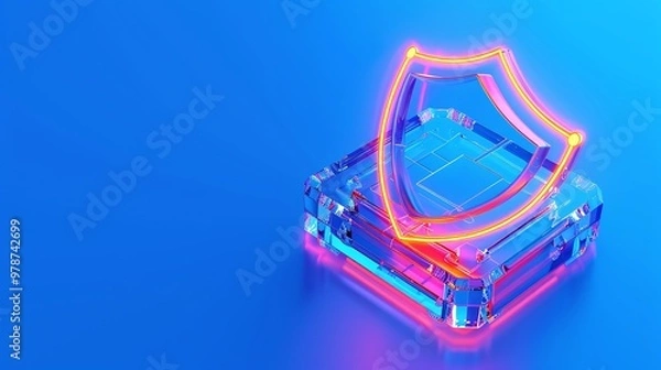 Fototapeta Illuminated shield symbolizing protection and security against digital threats on a vibrant blue background.