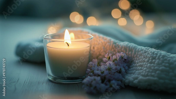 Fototapeta A cozy evening with a lit candle and delicate flowers, surrounded by warm ambiance created by soft lights and textured fabrics