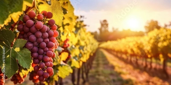 Fototapeta Beautiful vineyard scenery at sunset, showcasing ripe grapes on the vine. Perfect for showcasing nature and agriculture.