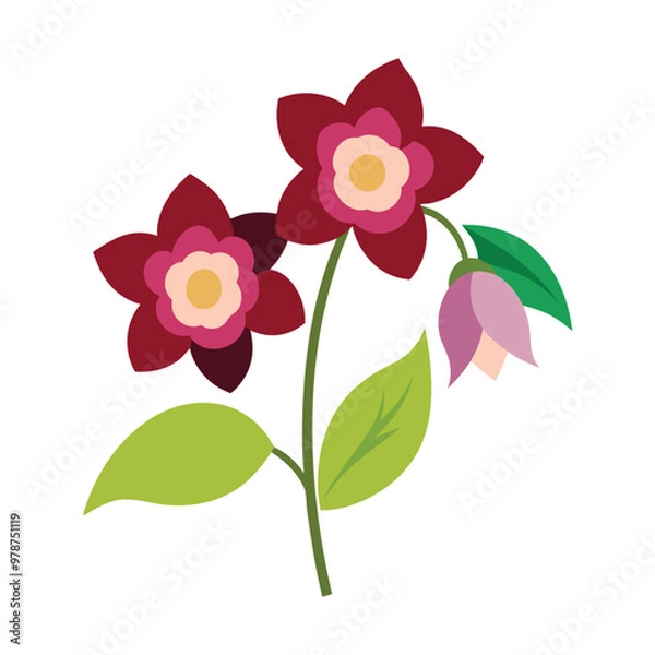 Fototapeta flower isolated on whiteStylized flower icon, vibrant magenta petals, lime green center, two green leaves, simple stem, flat design, vector illustration, minimalist botanical art, clean lines, bold 