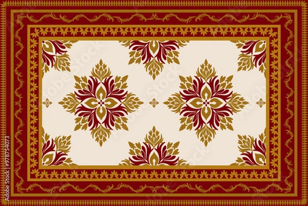 Fototapeta Classic damask ethnic geometric pattern samless gold and red on a light gray background. Native thai fabric, tiles, rugs, shirts	