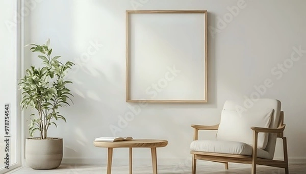 Fototapeta A minimalistic living room with a wooden armchair, a small table, a houseplant, and a framed blank canvas.
