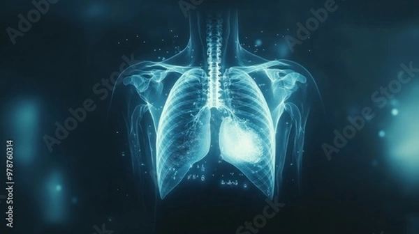 Fototapeta A digital X-ray icon of a chest with a visible heart, lungs, and ribcage, displayed in soft blue tones.