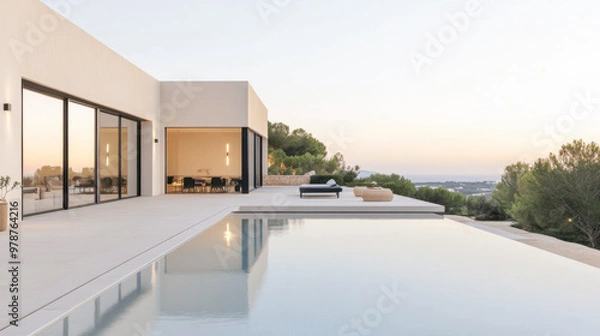Fototapeta Modern villa with a stunning view and infinity pool in the early evening light, surrounded by lush greenery and serene landscape