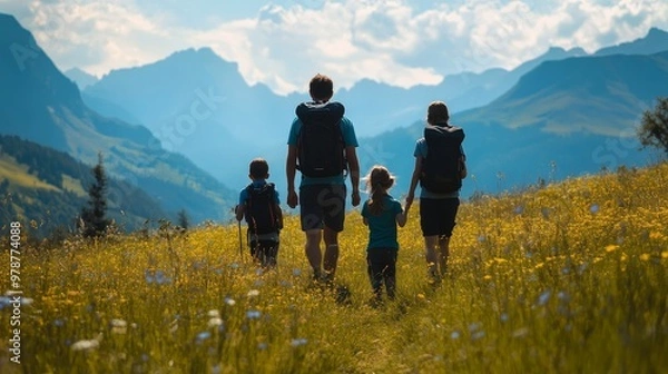 Obraz A family of three is walking through a field of flowers