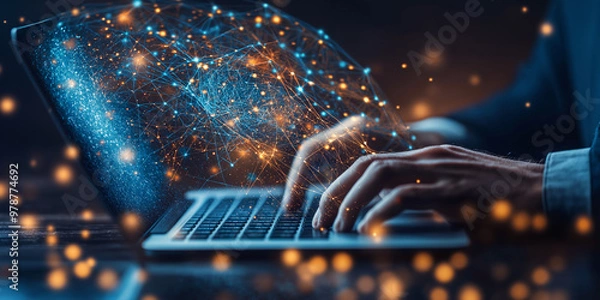 Fototapeta Computer technology with a laptop For cover and other modern projects, generic modern high speed, secure networks