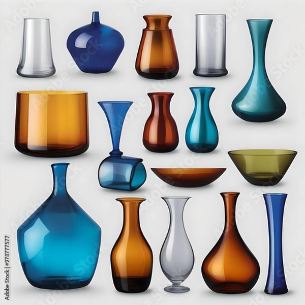 Fototapeta An assortment of clear glass vases and decorative objects highlighting their beauty and clarity for promotional use. generated ai