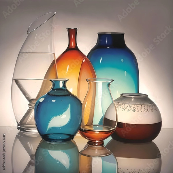 Fototapeta An assortment of clear glass vases and decorative objects highlighting their beauty and clarity for promotional use. generated ai