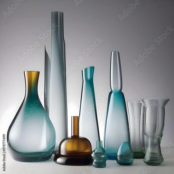 Fototapeta An assortment of clear glass vases and decorative objects highlighting their beauty and clarity for promotional use. generated ai