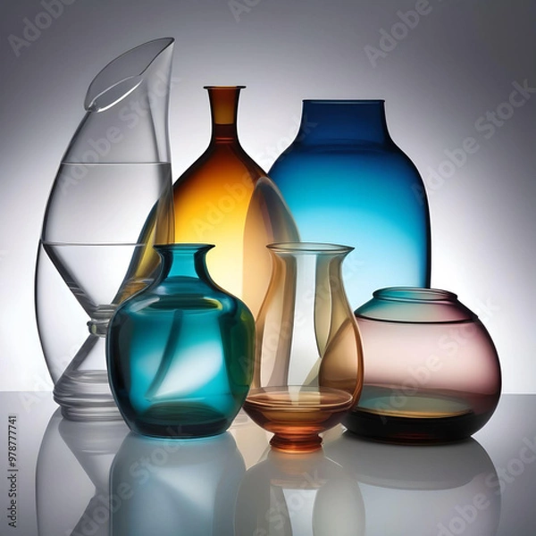 Fototapeta An assortment of clear glass vases and decorative objects highlighting their beauty and clarity for promotional use. generated ai