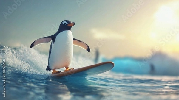 Fototapeta A penguin is having fun riding a wave on a surfboard in the ocean