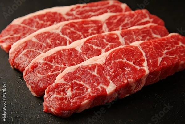Obraz Raw Beef Steaks with Marbling on Dark Background