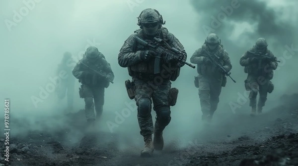 Fototapeta Military Soldiers in Tactical Gear Advancing Through Smoke and Fog on a Battlefield During a Mission Operation
