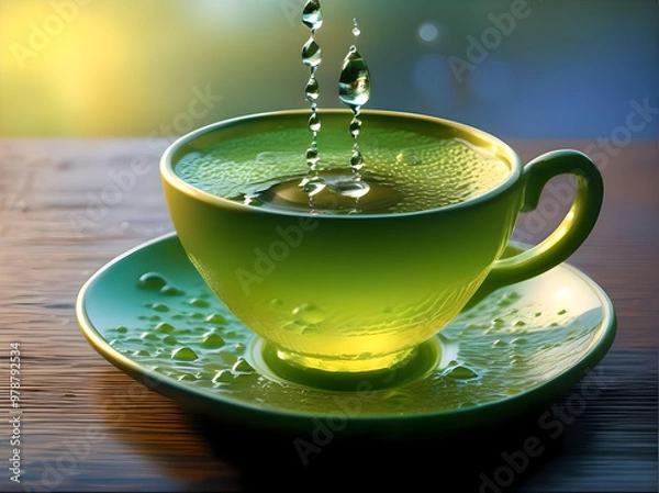 Fototapeta A glass cup of green tea, with dew drops, is positioned on the window sill, showcasing bubbles in a tranquil setting. generated ai