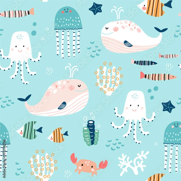 Fototapeta Childish seamless pattern with undersea animals. Marine cartoon creatures background for fabric, textile, digital papers. Vector illustration