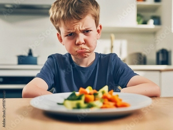 Fototapeta A young boy sits at a kitchen table with a plate of vegetables, wearing a frustrated expression, clearly unhappy about eating his healthy meal.
