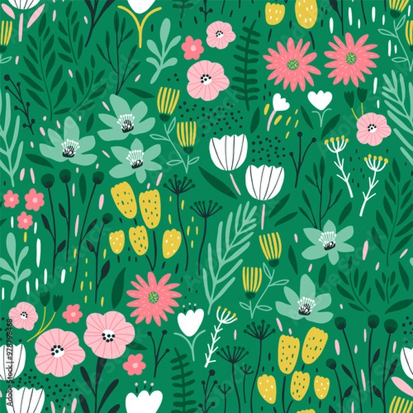 Fototapeta Seamless floral fashion pattern. Botanical green flowers spring texture for fabric, textile. Vector illustration