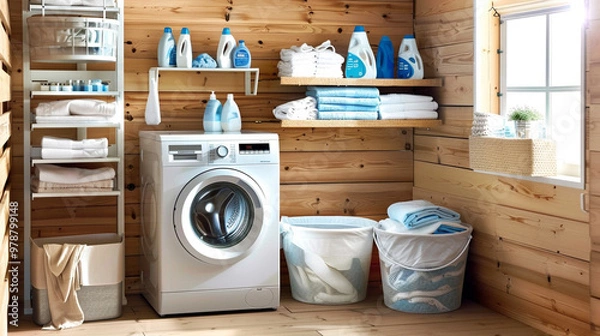 Fototapeta A laundry room with a washing machine and dryer, laundry baskets on the floor, and shelves holding neatly folded towels and supplies.