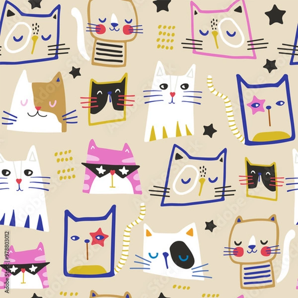 Fototapeta Seamless childish pattern with cute hand drawn cats. Creative modern kids hand drawn texture for fabric, wrapping, textile, wallpaper, apparel. Vector illustration