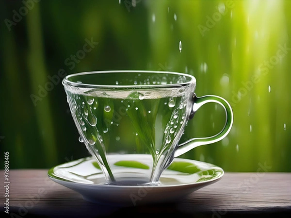 Fototapeta A clear glass cup of green tea rests on a saucer, adorned with water droplets for a refreshing appearance. generated ai