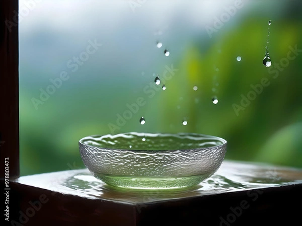 Fototapeta A clear glass cup of green tea rests on a saucer, adorned with water droplets for a refreshing appearance. generated ai
