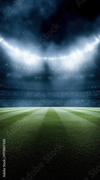 Obraz A dramatic stadium scene showcasing a lush green field under bright stadium lights, perfect for sports events or promotions.