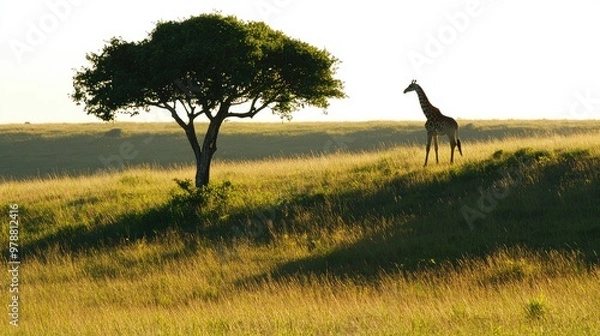 Fototapeta A tall tree in a grassy field, its shadow blending with the shadow of a giraffe, both illuminated by soft afternoon light. Focus on the shadows. No people.