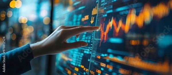 Fototapeta Businessman touching upward arrows on virtual screen with graph growth, rising arrow and line chart for business success concept. Business Woman finger touches a growing financial plan or stock market