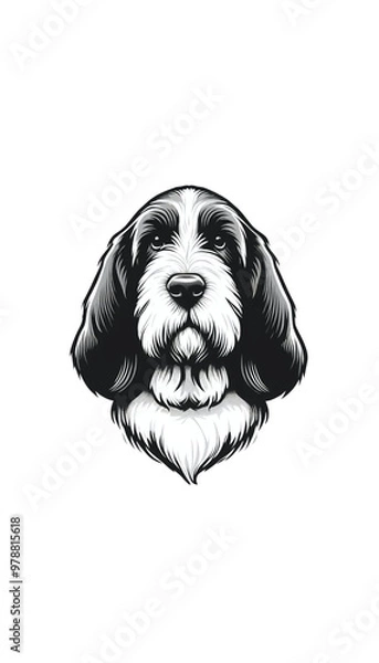 Obraz フランスのバセット・グリフォン・ヴァンデーンのモノトーン画像。長い耳と粗い被毛が特徴的。