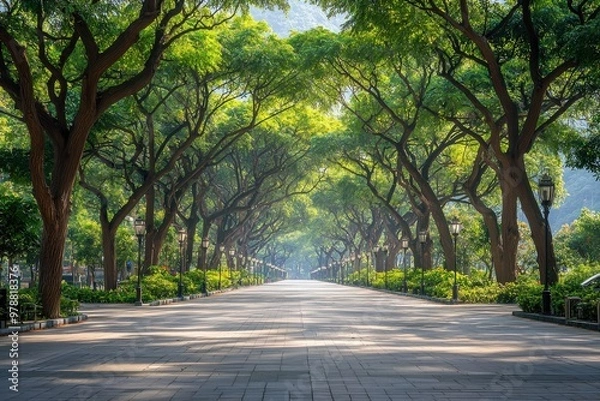 Fototapeta Scenic tree lined path in lush green park with cobblestone walkway