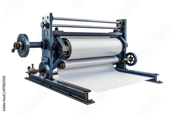 Fototapeta paper printing press, with paper sheets and ink rollers on white background.