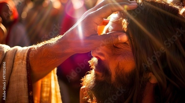 Fototapeta Jesus Christ healing a blind man with a blurred crowd in the background
