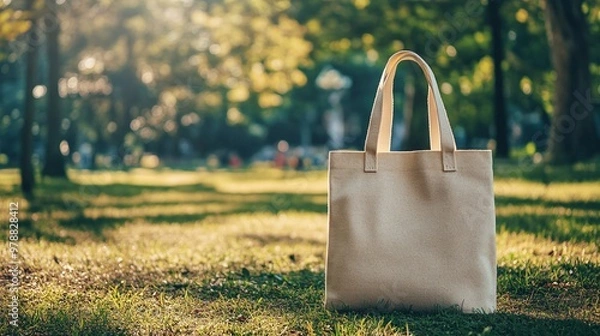 Fototapeta A stylish tote bag stands on lush green grass, showcasing its versatility and elegance in a natural outdoor setting.